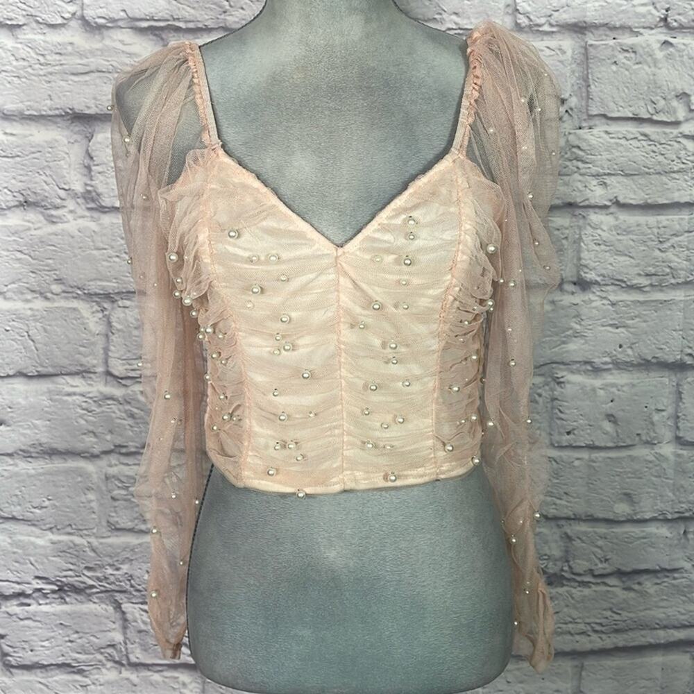 Peach mesh and pearl crop top blouse